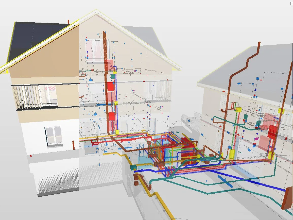 Mit BIM werden alle relevanten Bauwerksdaten digital modelliert, kombiniert, erfasst und das Bauwerk als virtuelles Modell erstellt. Screenshot eines Computerprogramms, das ein digital dargestelltes Haus zeigt.